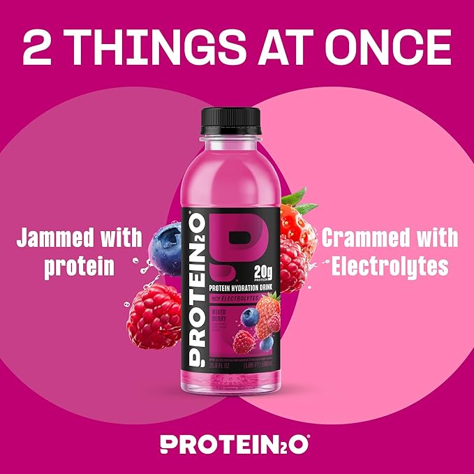 Protein2o Hydration Drink - 2-in-1 Liquid Clear Whey Protein Isolate and Electrolyte Drink - 20g Protein, Vitamins B5, B6 - Post-Workout Recovery - 16.9 Fl Oz - 12 Count Mixed Berry