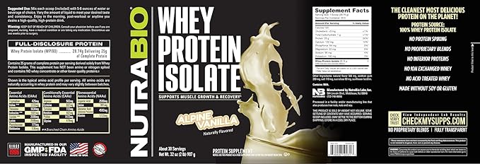 NutraBio 100% Whey Protein Isolate Protein Powder, 25g Protein with Complete Amino Acid Profile, Non-GMO, Soy & Gluten Free, Low Carb, Low Calorie Whey Protein Powder, Alpine Vanilla, 2 Lbs