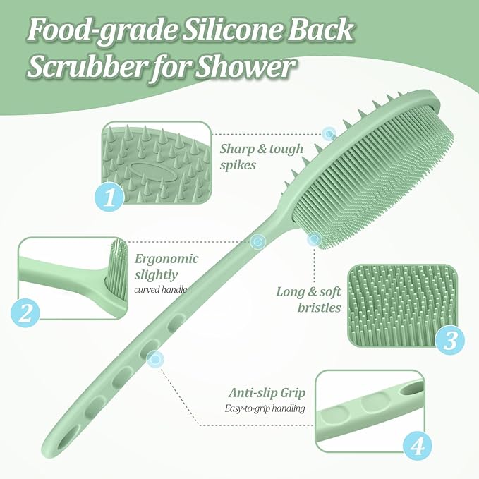 Silicone Back & Body Scrubber Set 2PCS, 13.4'' Gentle Exfoliating Back Scrubber with Dual-Side Head and Non-Slip Handle, Hygienic Silicone Loofah with Soft Bristles and Massage Dots(Green-2PC)