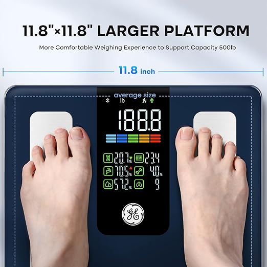 GE Smart Scale for Body Fat, Weight Scales with BMI Muscle Mass Button Function 500lbs Digital Bathroom Weight Machine Body Composition Monitor 11.8" Platform Accurate Weighing Health Analyzer