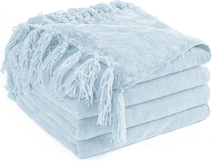 Chenille Throw Blanket for Couch 60"X 80" Twin, Soft Cozy Throws with Fringe Tassel for Bed Sofa Chair Cover, Lightweight Knitted Decorative Boho Blankets for Living Room, Light Blue