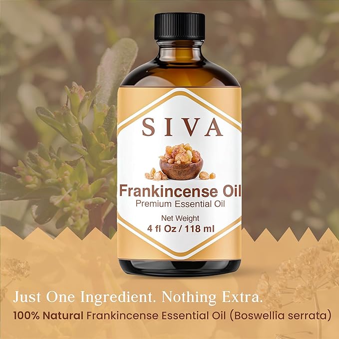 Siva Frankincense Essential Oil - 4 Fl Oz – Natural Boswellia Serrata Oil - for Diffuser, Face, Skin Care, Aromatherapy, Hair Care, Scalp and Body Massage - with Dropper