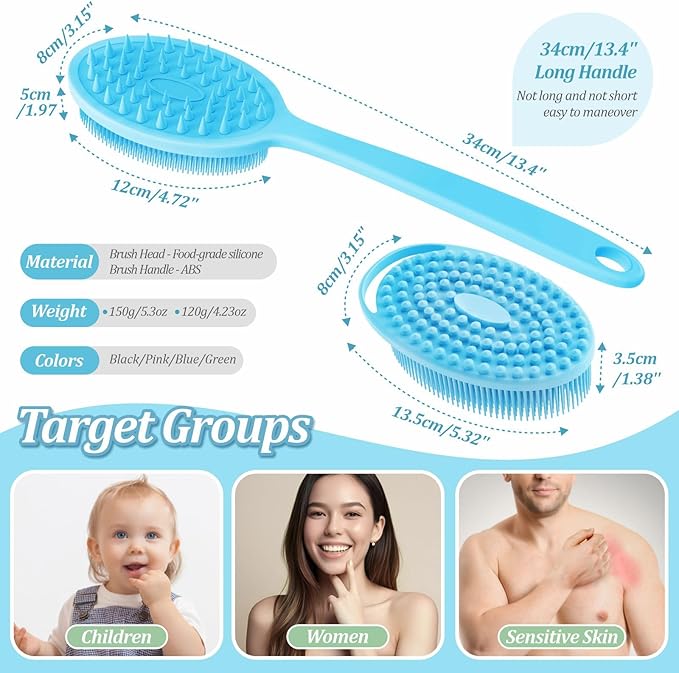 Silicone Back & Body Scrubber Set 2PCS, 13.4'' Gentle Exfoliating Back Scrubber with Dual-Side Head and Non-Slip Handle, Hygienic Silicone Loofah with Soft Bristles and Massage Dots(Blue-2PC)
