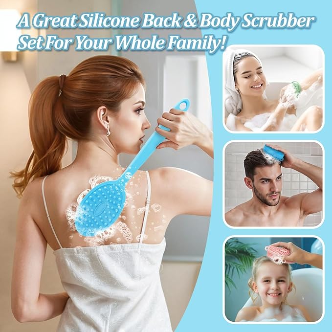 Silicone Back & Body Scrubber Set 2PCS, 13.4'' Gentle Exfoliating Back Scrubber with Dual-Side Head and Non-Slip Handle, Hygienic Silicone Loofah with Soft Bristles and Massage Dots(Blue-2PC)