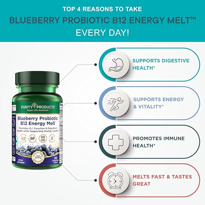 Purity Products Blueberry Probiotic B12 Energy Melt Clinical Probiotic - Organic Blueberries, Methylcobalamin B-12-30 Melts
