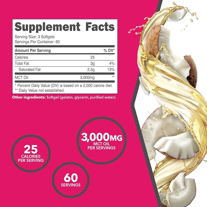 Ketologic MCT Oil (180 Softgels) (60 Servings) (3,000MG MTC Oil per Serving) - Medium Chain Triglycerides