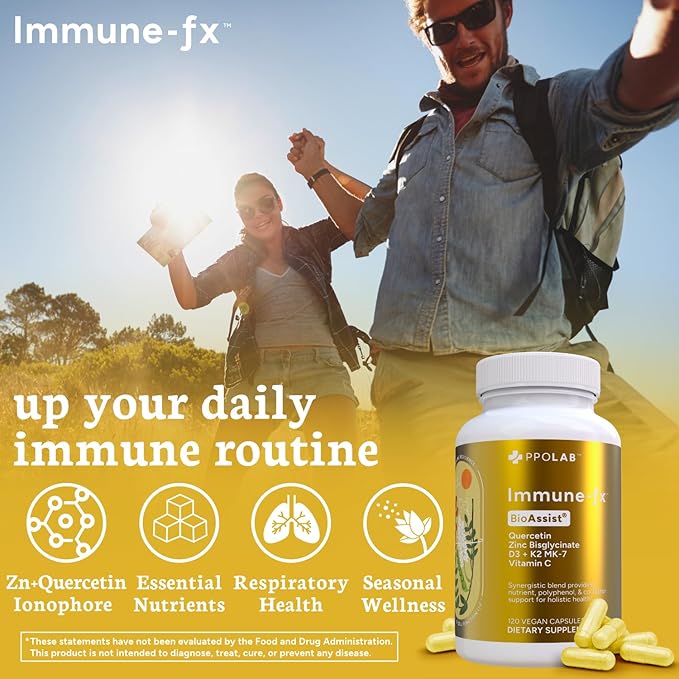 Immune-fx™ Advanced Daily Chelated Zinc Ionophore Immune Support Supplement with Quercetin 500mg Bioflavonoid, Antioxidant Vitamin C, D3, K2, DNA Heart Lung Aid, Clean Certified® 120 Vegan Capsules