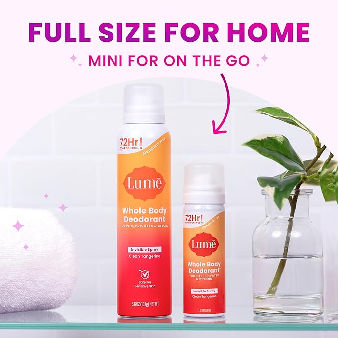 Lume Invisible Spray Deodorant For Women - Deodorant Spray + Mini Bundle - 72 Hr Odor Control - Ozone Friendly - Aluminum & Baking Soda Free, Skin Loving - 3.6 ounce + 1.0 ounce Mini (Clean Tangerine)