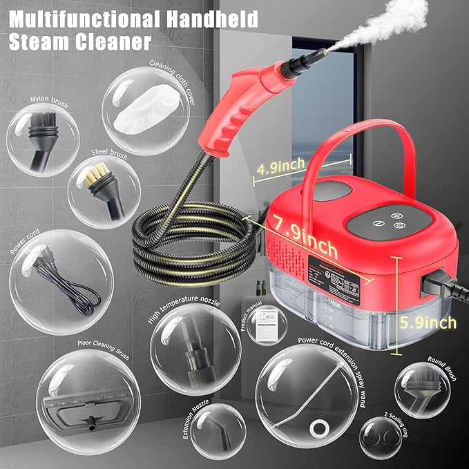 2500W Handheld Steam Cleaner, Portable Steamer for Cleaning with Touch Screen, Hand Held Steamer Cleaner, Pressurized Hand Steam Cleaner for Home Car Detailing Walls Grout Couch Tile Carpet, Red