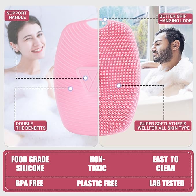 Silicone Body Scrubber Anti Slip for Shower,Zinc Infused Soft Bristles Shower Scrubber for Body Exfoliator,Hygienic,Blood Circulation - Pink