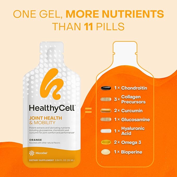 Healthycell Joint Health & Mobility Daily Liquid Supplement - Joint Support Supplement, Inflammation Response, Cartilage & Flexibility with Curcumin, Glucosamine & Chondroitin - 30 Gel Packs