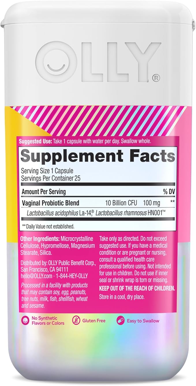OLLY Happy Hoo-Ha Capsules, Probiotic for Women, Vaginal Health and pH Balance, 10 Billion CFU, Gluten Free - 25 Count (Pack of 2)