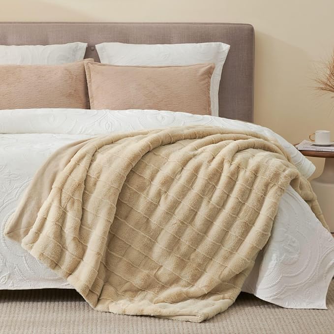 Cozy Bliss Fluffy Faux Fur Throw Blanket for Couch,Lightweight Cozy Soft Beige Throw Blankets for Sofa Bed Living Room,60x80 Inches