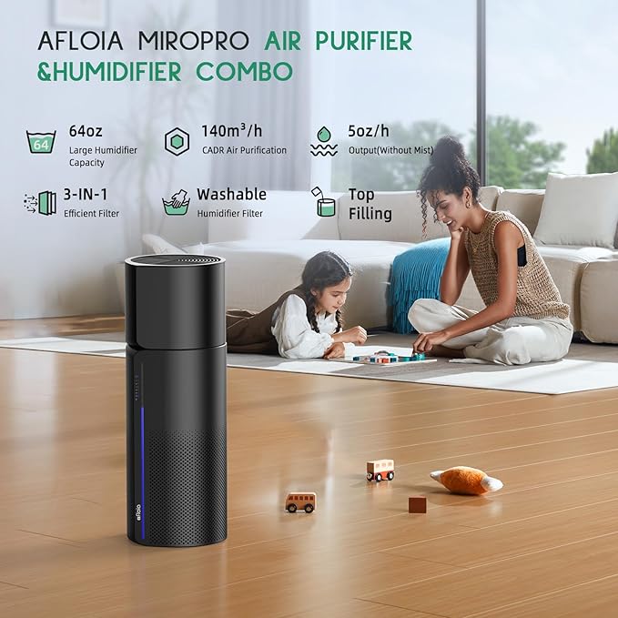 Air Purifier with Humidifier Combo, 2 in 1 Afloia 3-Stage Filters for Bedroom Pets Hair Smoker Odors, Evaporative Humidifier, Auto Shut Off, Quiet Air Cleaner with Seven Color Light, Black
