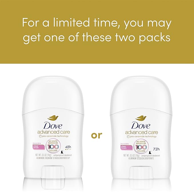 Dove Advanced Care Antiperspirant Deodorant Stick for Women Pack of 36 Clear Finish Trial and Travel Size 0.5 oz