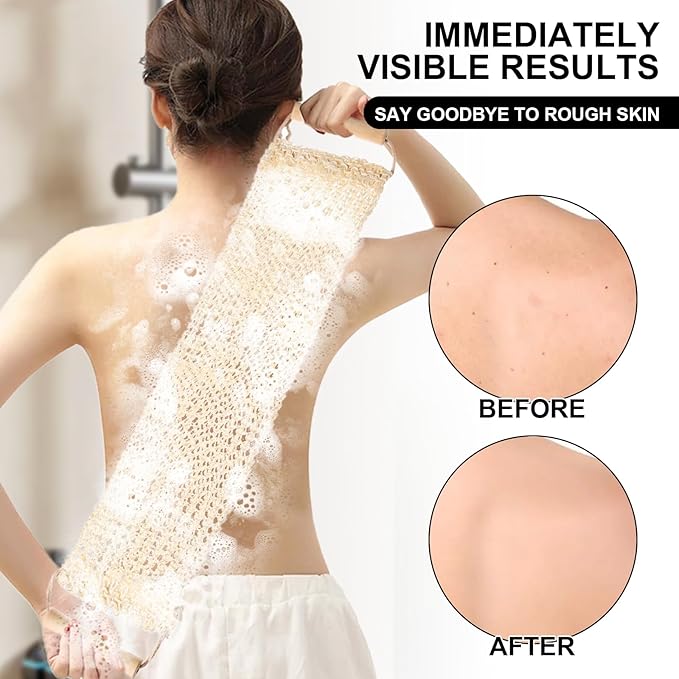 2 Pcs Exfoliating Back Scrubber with Wooden Handles, 20 Inch Long Sisal Exfoliating Bath Towel