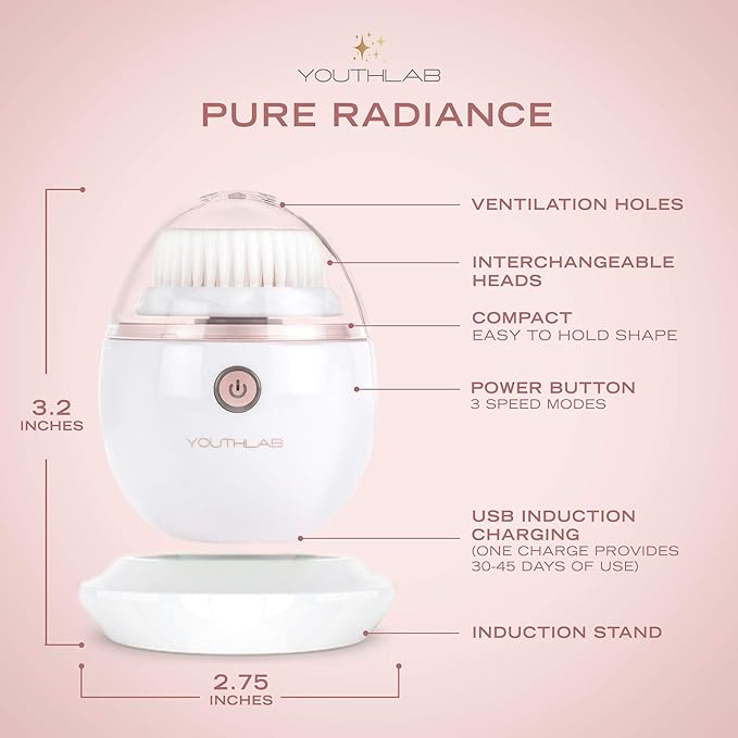YouthLab Pure Radiance, Vibrating Facial Cleansing Brush, Electric, 3 Modes, 3 Brush Heads (2 Bristle,1 Silicone), Waterproof, Rechargeable, Smart Timer, Exfoliating, Massage (Rose Gold)