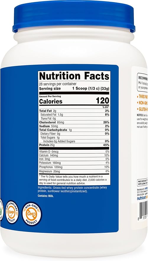 Nutricost Grass-Fed Whey Protein Concentrate (Unflavored) 2LBS - Undenatured, Non-GMO, Gluten Free