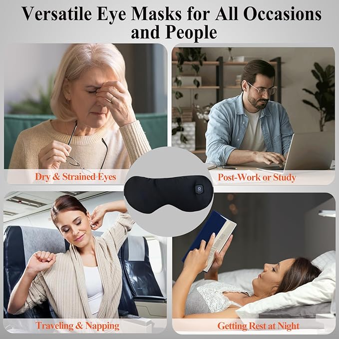 Heated Eye Mask, Vowleike Silk Cordless Washable Warm Eye Compress for Dry Eyes, Electric Temperature Controllable Eye Heating Pad for Stye, Drain and Fatigue Eyes, Thoughtful New Year Gift (Black)