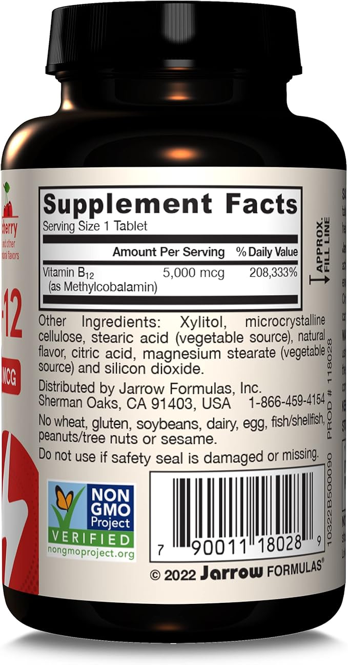 Jarrow Formulas Vitamin B12 5000 mcg - Maximum Strength for Cellular Energy and Brain Health, 90 Cherry Chewable Tablets, B12 Vitamins 5000 mcg