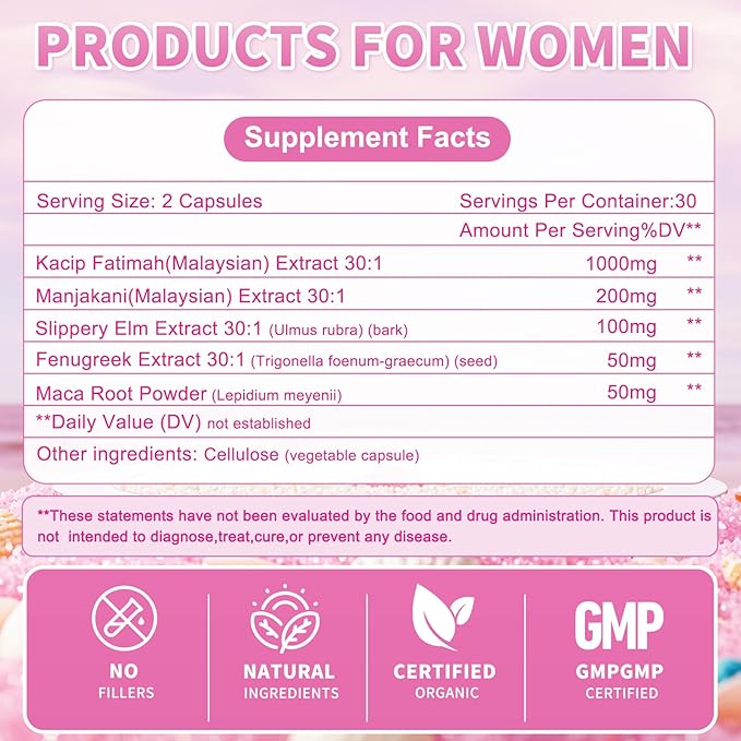 Vaginal Moisturizer Capsules Kacip Fatimah 1000mg, Manjakni 200mg & Slippery Elm Synergize to Moisturize, Tighten, Ease Vaginal Dryness, Maintain Elasticity & pH Balance. Vegan, 60 Capsules (1)