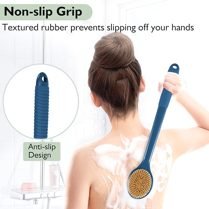 VANZAVANZU 17 Inch Back Scrubber for Shower, Anti-Slip Long Handle Shower Brush with Soft and Stiff Bristles, Exfoliating Bath Brush for Wet or Dry Brushing (Navy Blue)