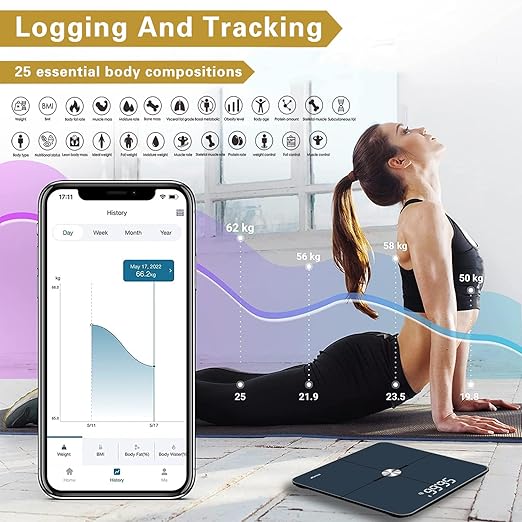 Digital Bathroom Scales with BMI, Body Fat and 25 Body Composition by Multi-Frequency Analysis, Accurate 0.1lb/0.05kg Auto-calibrated Scale for Body Weight, Clear LED/ITO Conductive Coating, 400 lbs