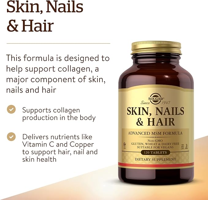 Solgar Skin, Nails & Hair, Advanced MSM Formula, 120 Tablets - Supports Collagen for Hair, Nail and Skin Health - Provides Zinc, Vitamin C & Copper - Non GMO, Vegan, Gluten & Dairy Free - 60 Servings ,Standard Packaging , 120 Count