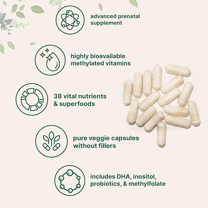 Pure Methylated Prenatal Vitamins for Women, 240 Veggie Capsules | 38 Vital Nutrients with DHA, Choline, Probiotics, Ginger, Inositol, & Vitamin A, C, D, B Complex + Methylfolate, & Iron | No Fillers