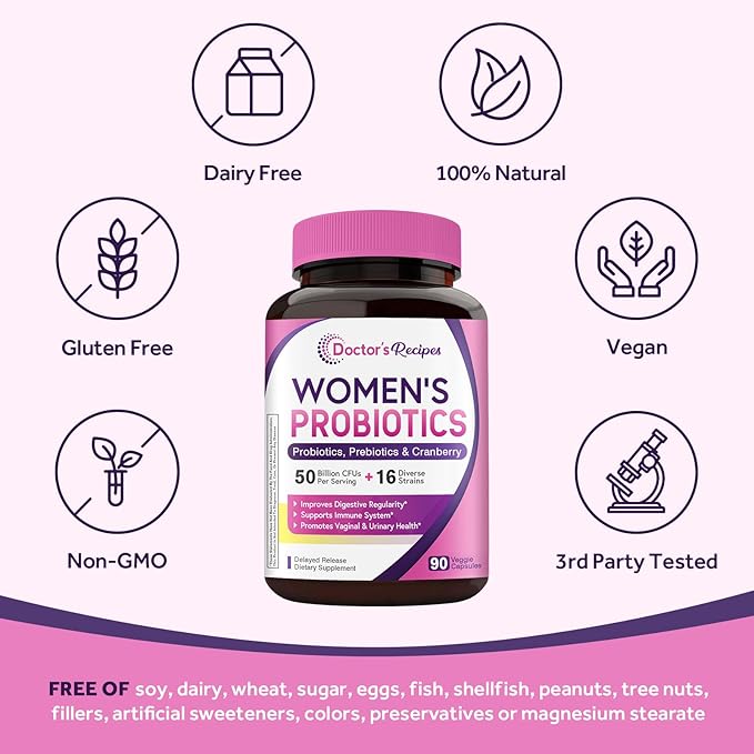 Doctor's Recipes Women’s Probiotic, 90 Caps 50 Billion CFU 16 Strains, with Organic Cranberry, Digestive Immune Vaginal & Urinary Health, Shelf Stable, Delayed Release, No Soy Gluten Dairy