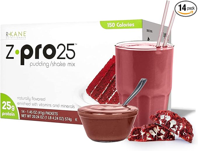 Z-Pro Red Velvet Protein Drink Mix - High Protein, Low Calorie Low Fat Shake and Pudding Mix - Meal Replacement, On-The-Go Packets - Breakfast Boost - 25g Protein - 14 Packets