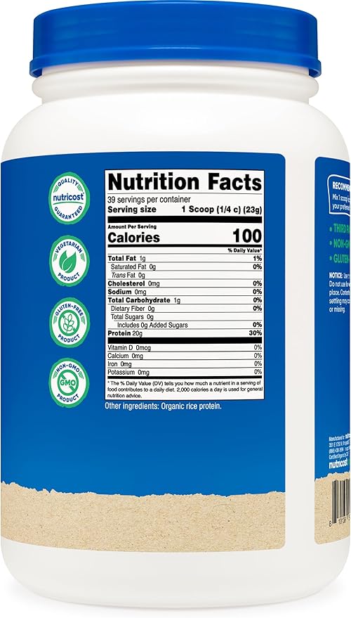 Nutricost Organic Rice Protein Powder (2 LB) - Gluten-Free, Non-GMO (from Brown Rice)