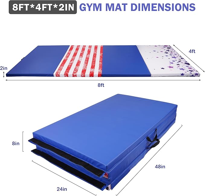 Folding Exercise Gymnastics Mat 4'x8'x2" Gym Workout Mat with Carrying Handles High-Density Anti-Tear Portable Fitness Aerobics Mats for Home Gym Yoga Pilates Tumbling MMA Core Training, Multiple Colors