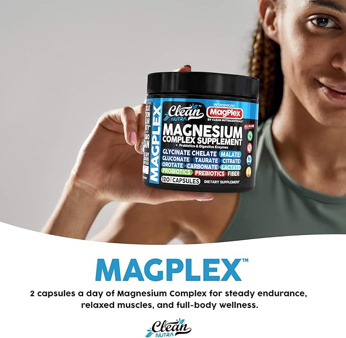 8in1 Magnesium Supplement Complex | Magnesium Glycinate Citrate Malate Gluconate Orotate Carbonate Lactate + Prebiotics Probiotics Digestive Enzymes Magnesio Capsules for Women Men by Clean Nutra