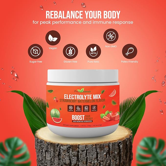 Electrolyte Powder - Refreshing Workout Recovery Electrolytes, Sugar Free, Gluten Free & Vegan, Pure Keto & Paleo Hydration Beverage, Immune Boosting Vitamins (198 Grams, Strawberry Watermelon)