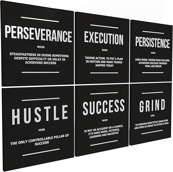 6X Motivational canvas, wall art for bedroom and office, inspirational black and white canvas poster, motivational poster set, decor bundle for home, wall pictures for living room (6x - 12 X 12 in)
