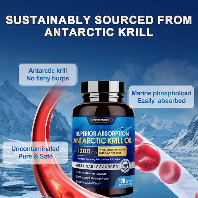 Krill Oil 1200 mg Omega 3 Supplement, Krill Oil Omega 3 with High Absorption EPA, DHA, Astaxanthin & Phospholipids, Supports Heart & Joint Health, No Fishy Aftertaste - 120 Softgels (60 Servings)