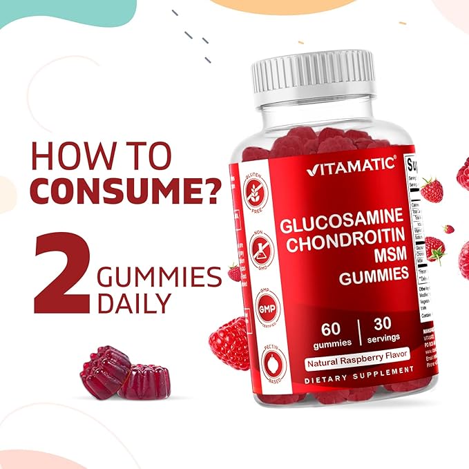 Vitamatic Glucosamine Chondroitin Gummies with MSM & Vitamin E – Joint Support – 60 Pectin-Based Vegan Gummies per Bottle – Pack of 2 (Total 120 Gummies)
