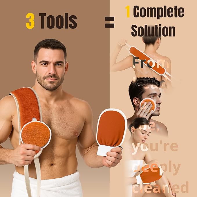 Exfoliating Glove Set (Original) – 3 Pieces Moroccan Hammam Scrub Mitts for Face, Body & Back – Deep Skin Cleansing & Dead Skin Removal – Reusable Spa Exfoliator – Assorted Colors (ORANGE)
