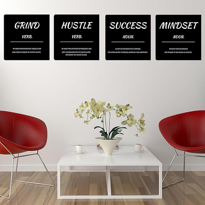 Motivational Office Wall Decor Inspirational Mindset Canvas Wall Art 4 Pieces Hustle Posters Prints Success Wall Paintings Picture Artwork Home Bedroom Living Room Decorations 20"x20"x4pcs