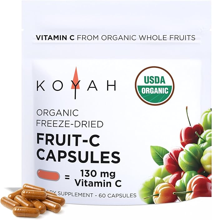 KOYAH Fruit-C - Organic Vitamin C Capsules - from Acerola Cherries, 100% Whole Fruits, 130 mg Vitamin C, Freeze-Dried, No Extracts - Whole-Food, Vegan, Non-GMO, 3rd Party Tested, 60 Capsules