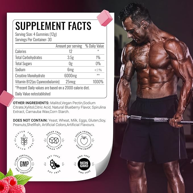 Creatine Monohydrate Gummies 6g for Men Women,Complex Creatine Monohydrate Chewable for Muscle Strength,Muscle Building,Energy Boost,Pre-Workout Energy Supplement,Vegan Raspberry - 120 Count