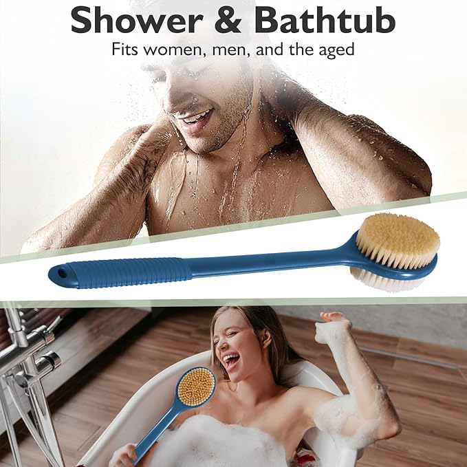 VANZAVANZU 17 Inch Back Scrubber for Shower, Anti-Slip Long Handle Shower Brush with Soft and Stiff Bristles, Exfoliating Bath Brush for Wet or Dry Brushing (Navy Blue)