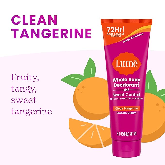 Lume Whole Body Deodorant Plus Sweat Control - Smooth Cream Tube - 72 Hour Odor And Sweat Control - Baking Soda Free, Skin Loving - 3.0 ounce (Pack of 2) (Clean Tangerine)