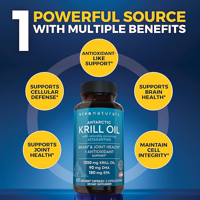 Viva Naturals Antarctic Krill Oil Omega 3 Supplements 1250 mg - DHA EPA Omega-3 & Astaxanthin Concentration for Joint Health, No Fish Burp - 60 Krill Oil Capsules