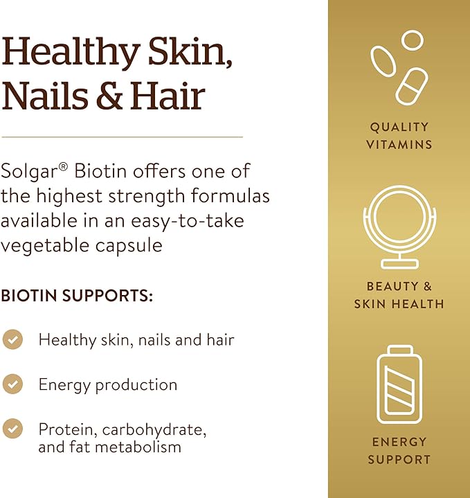 Solgar Biotin 10000 mcg Vegetable Capsules Energy Metabolism Promotes Healthy Skin Nails Hair Super High Potency NonGMO Vegan Gluten Free Dairy Free Kosher Servings, Standard Packaging, Unflavored, 120 Count