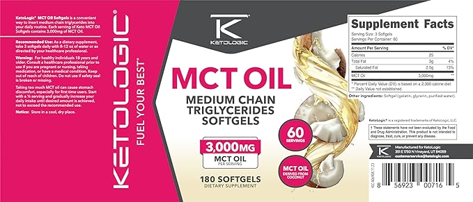 Ketologic MCT Oil (180 Softgels) (60 Servings) (3,000MG MTC Oil per Serving) - Medium Chain Triglycerides