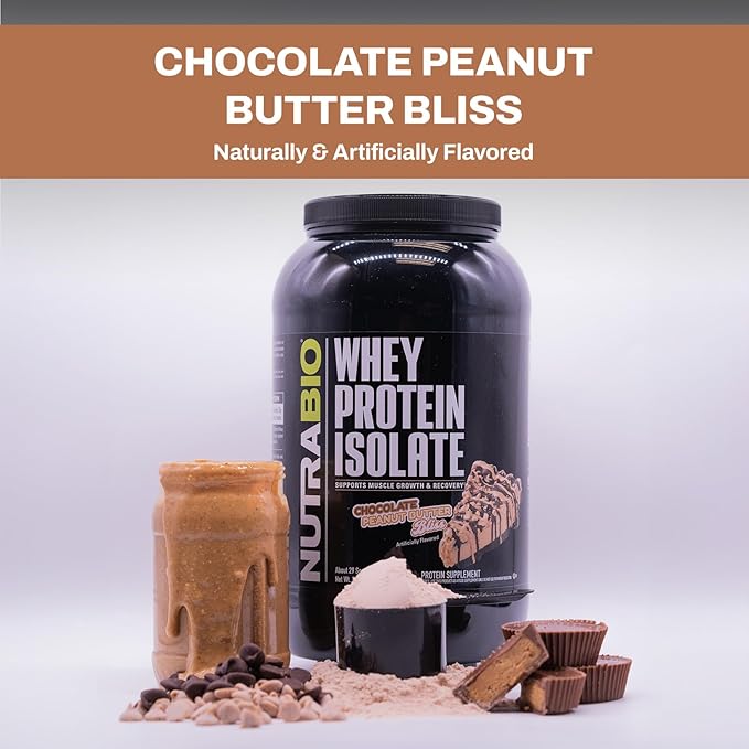 NutraBio 100% Whey Protein Isolate Protein Powder, 25g Protein with Complete Amino Acid Profile, Non-GMO, Soy & Gluten Free, Low Carb, Low Calorie Whey Protein Powder, Chocolate Peanut Butter, 2 Lbs