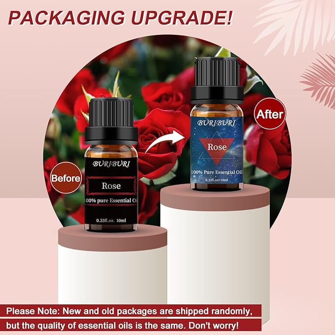 BURIBURI Rose Oil and Jasmine Essential Oil, 2Pcs 100% Pure Aromatherapy Rose Essential Oil Gift Set for Diffuser, Massage, Soap Candle Making