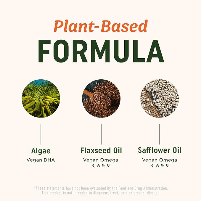 Omega 3 6 9 + DHA Gummies | Plant-Based Triple Omegas from Algae & Chia Seed Oil | with 50mg of DHA | Vegetarian, Non-GMO, Gluten-Free, Essential Fatty Acid Supplements for Adults | 60 Gummies